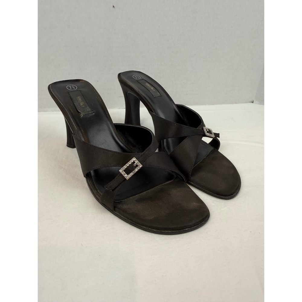 Vintage Y2K Mossimo Black Satin Rhinestone‎ Buckle Strappy Heels Sandals 7.5
